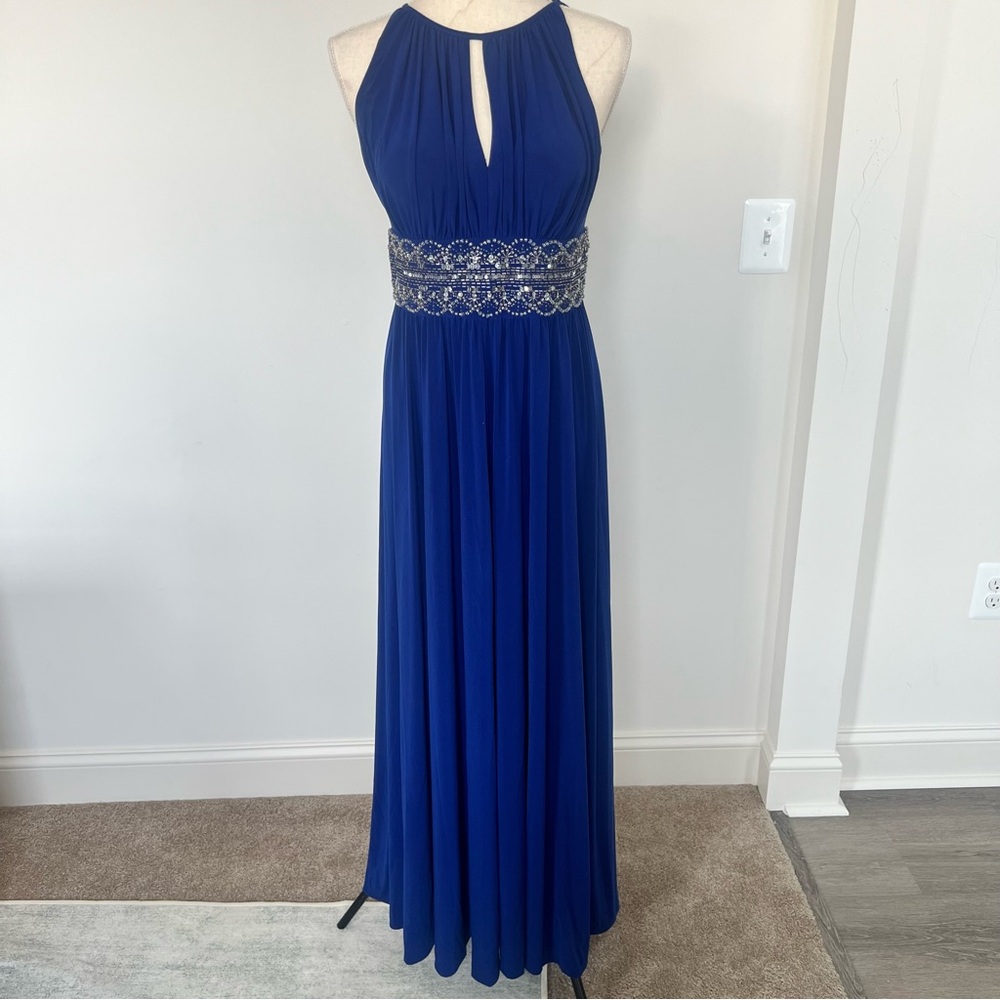 R&M Richards Royal Blue Halter Gown with Beaded Waist